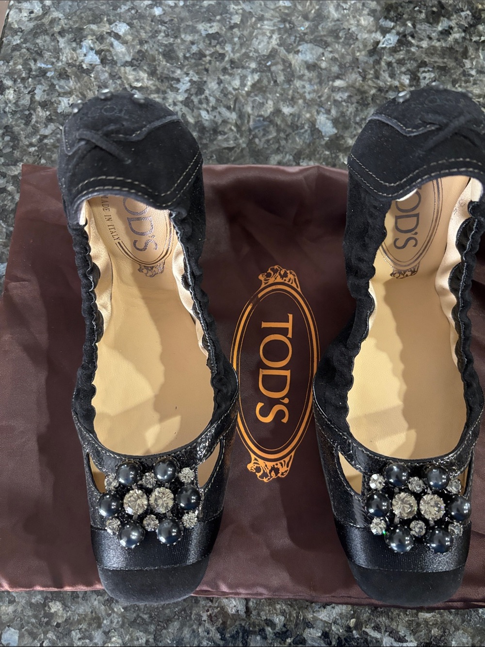NWT [$560]  TOD'S Black Suede Jeweled Ballet Flats 5.5